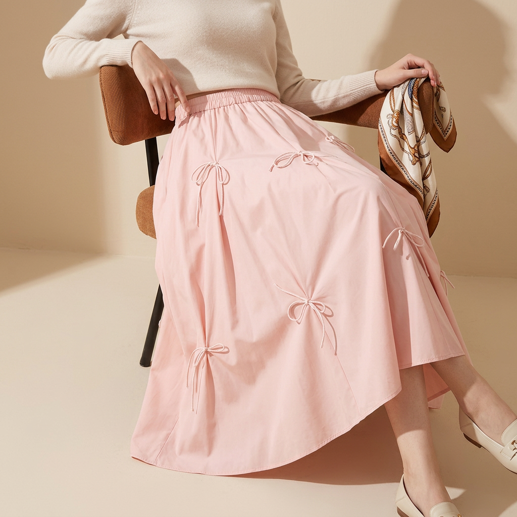 Blush Elegance Bow Skirt with Delicate R...