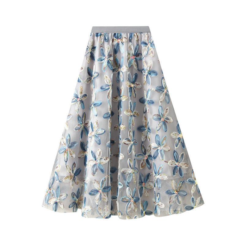 Blue Floral Embroidered Mesh Maxi Skirt - Main Image