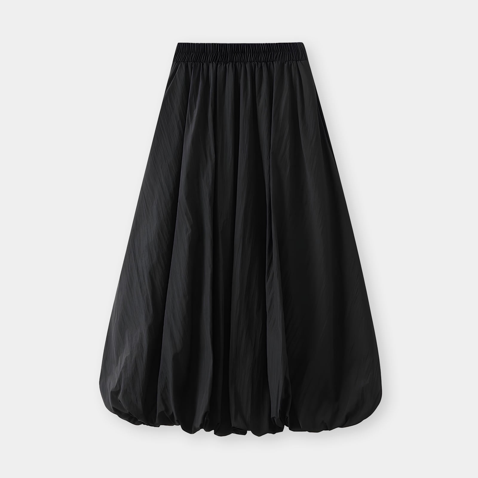 A-line High Waisted Mid Length Lantern Skirt With Both Side Pockets - 0503_BLACK