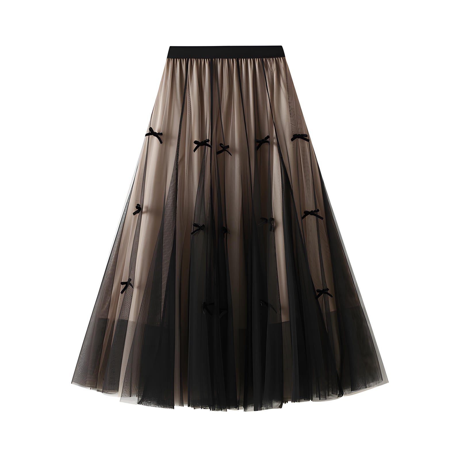 Mesh Gauze Japanese Style A Line Bow Skirt - 0883_BROWN
