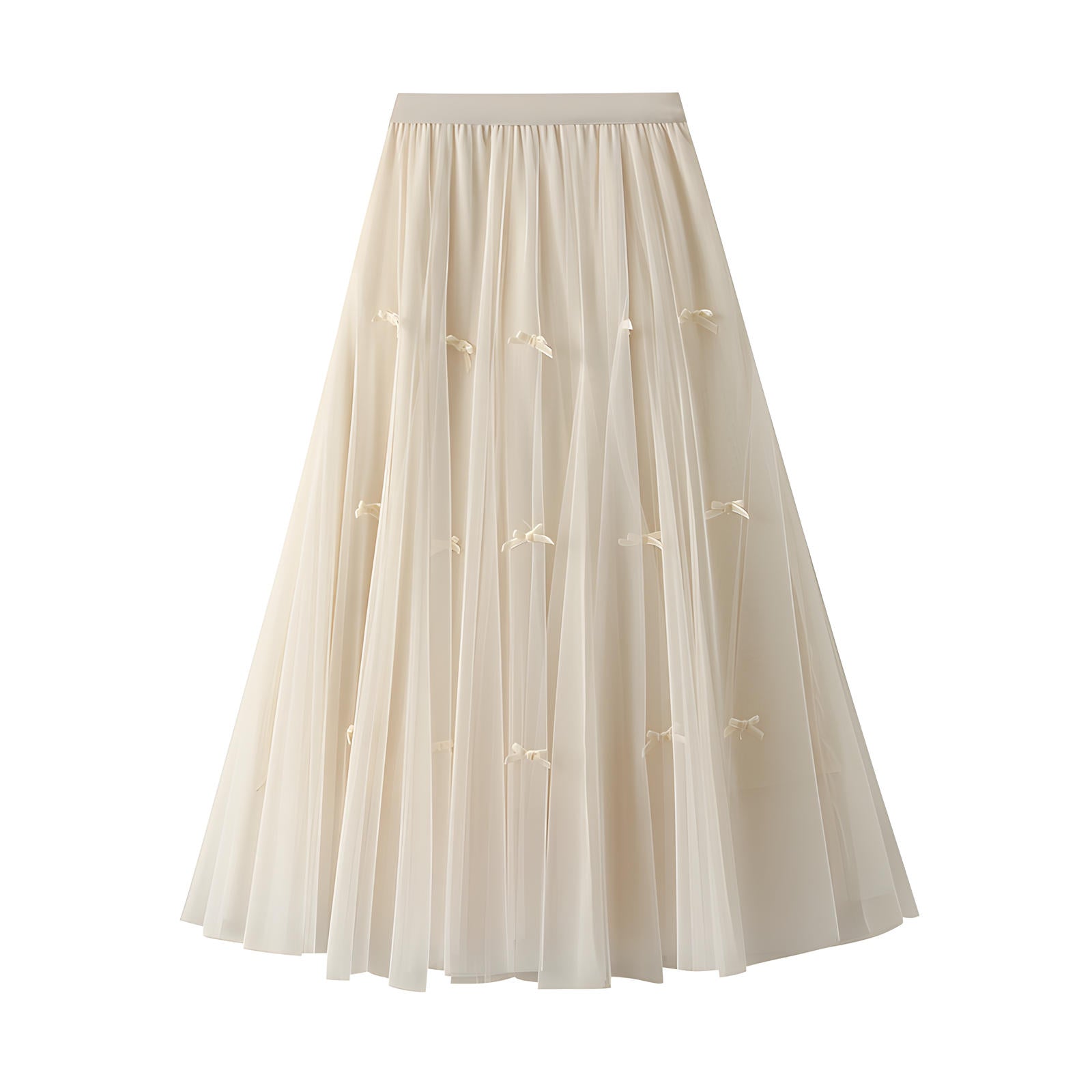 Mesh Gauze Japanese Style A Line Bow Skirt - 0883_APRICOT