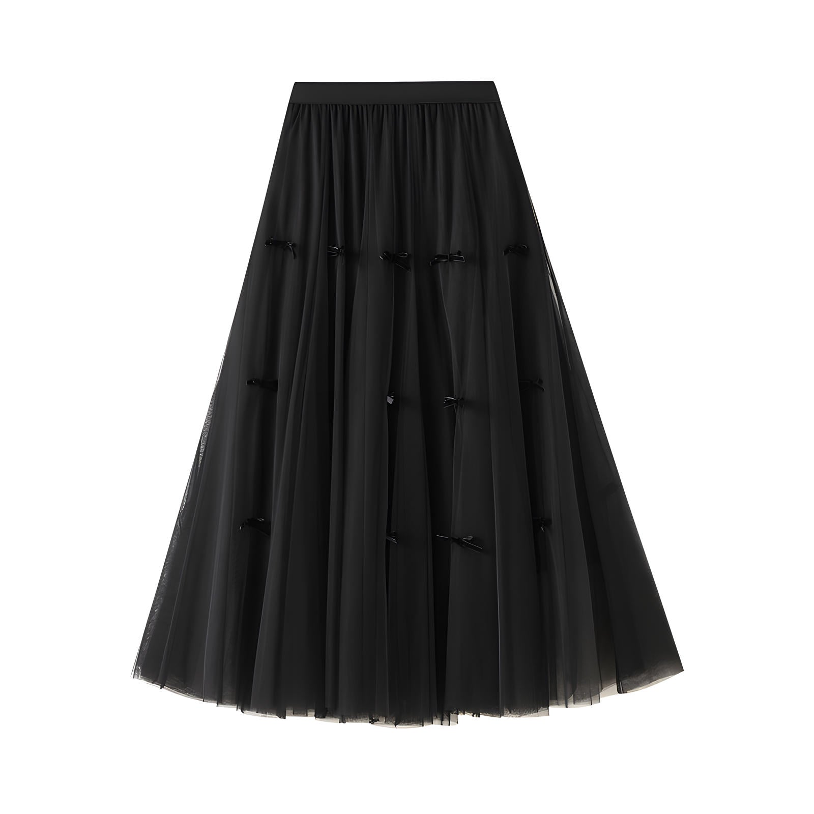 Mesh Gauze Japanese Style A Line Bow Skirt - 0883_BLACK