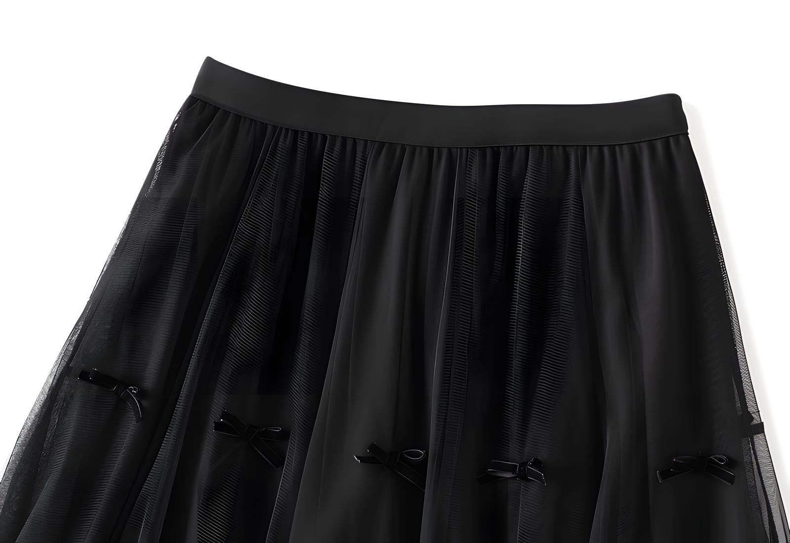 Mesh Gauze Japanese Style A Line Bow Skirt - 0883_BLACK
