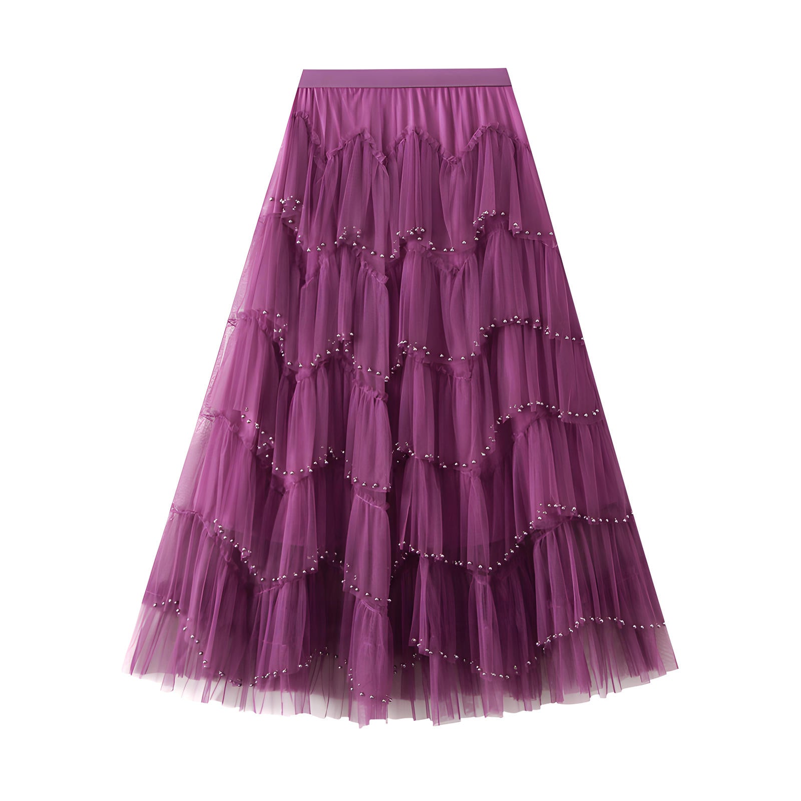 Multitier Layered Mesh Skirt With Pearl Embellishment - 1220_PUR