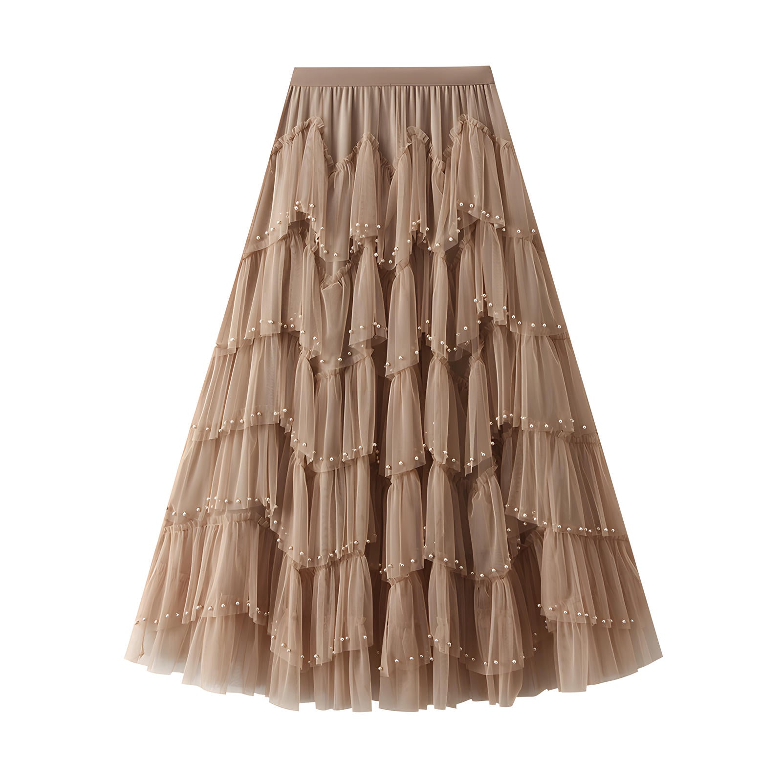 Multitier Layered Mesh Skirt With Pearl Embellishment - 1220_KHA
