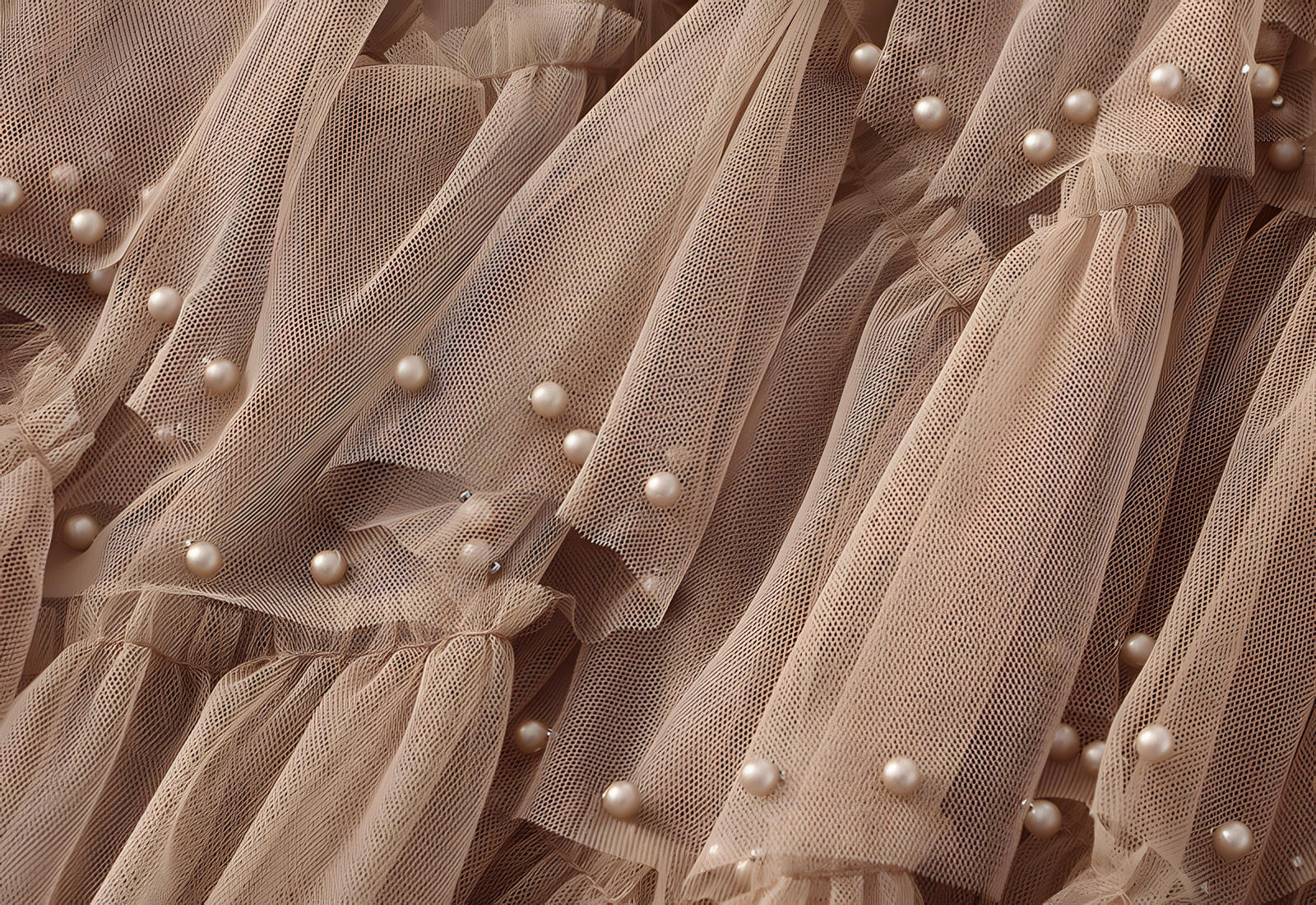 Multitier Layered Mesh Skirt With Pearl Embellishment - 1220_KHA