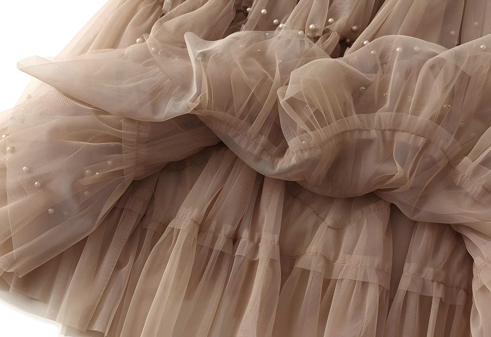 Multitier Layered Mesh Skirt With Pearl Embellishment - 1220_KHA