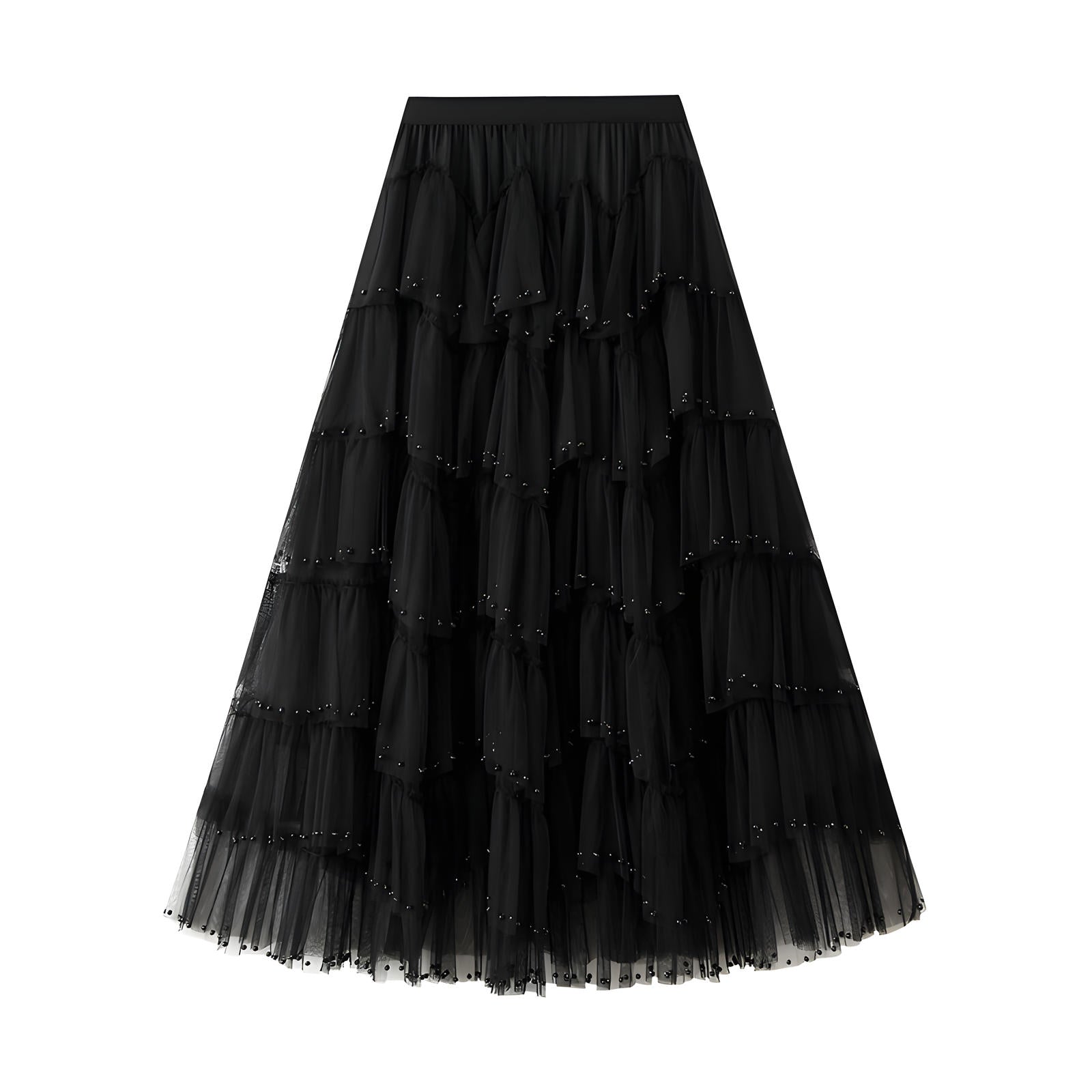 Multitier Layered Mesh Skirt With Pearl Embellishment - 1220_BLA