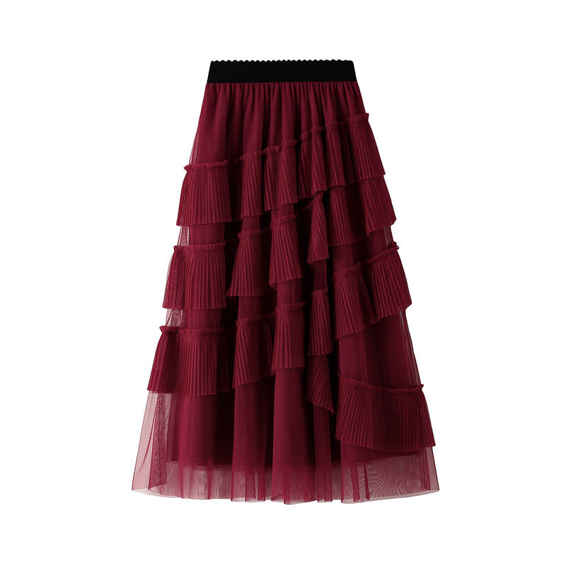 Burgundy Layered Ruffle Tulle Skirt
