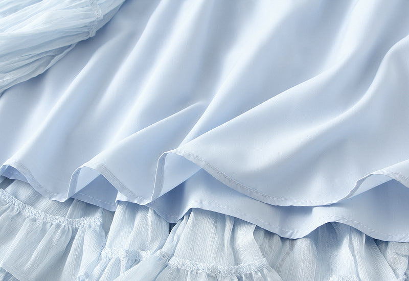 Pastel Multilayer Smocking Skirt in Dove Blue