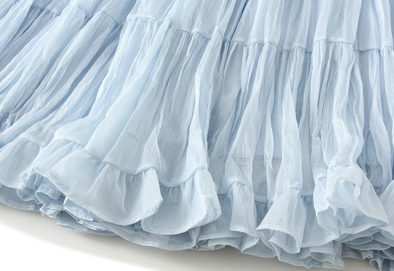 Pastel Multilayer Smocking Skirt in Dove Blue