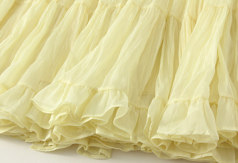 Pastel Multilayer Smocking Skirt in Butter Yellow