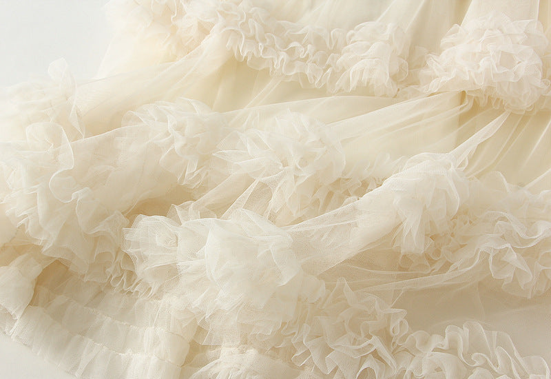Ruffled Tulle Maxi Skirt in White in Apricot