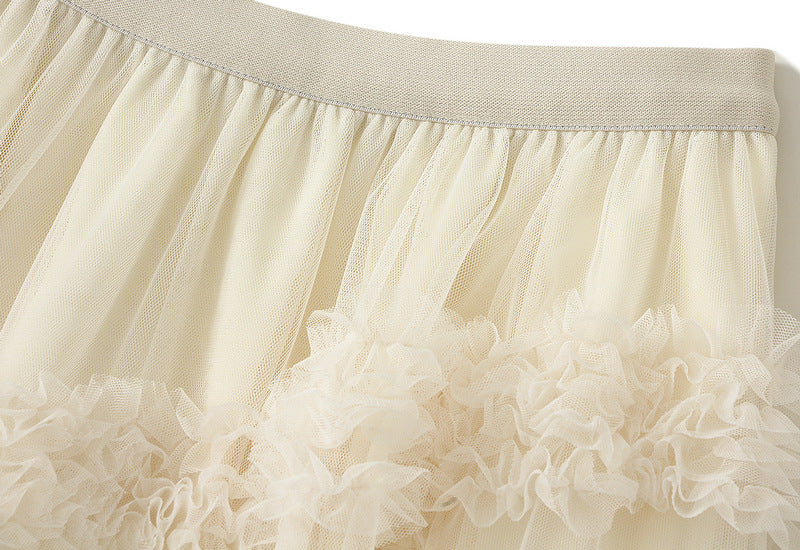 Ruffled Tulle Maxi Skirt in White in Apricot