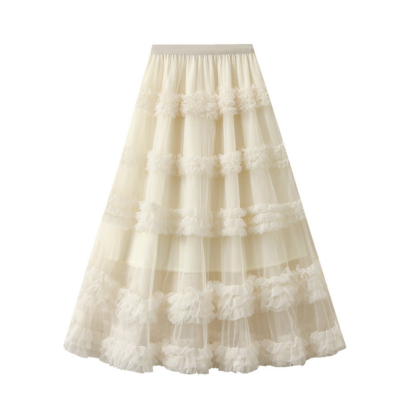 Ruffled Tulle Maxi Skirt in White in Apricot