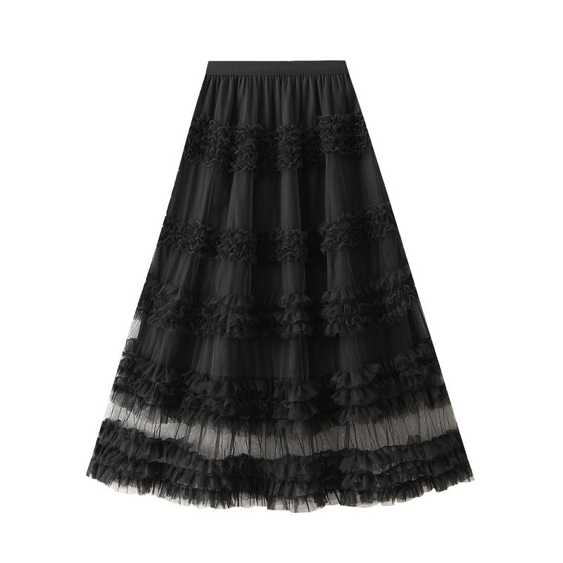 Ruffled Tulle Maxi Skirt in Black