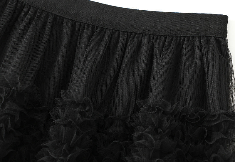 Ruffled Tulle Maxi Skirt in Black