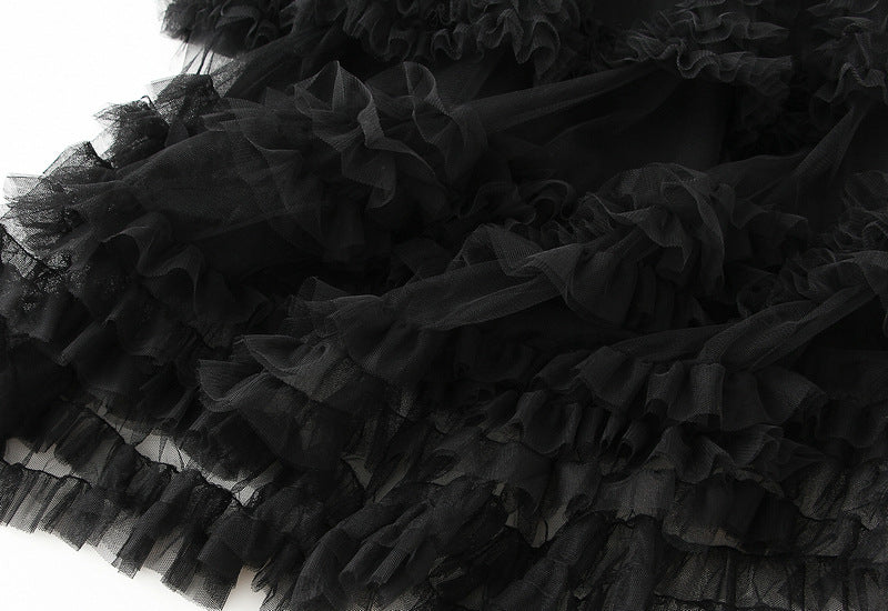 Ruffled Tulle Maxi Skirt in Black