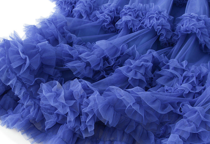 Ruffled Tulle Maxi Skirt in Blue