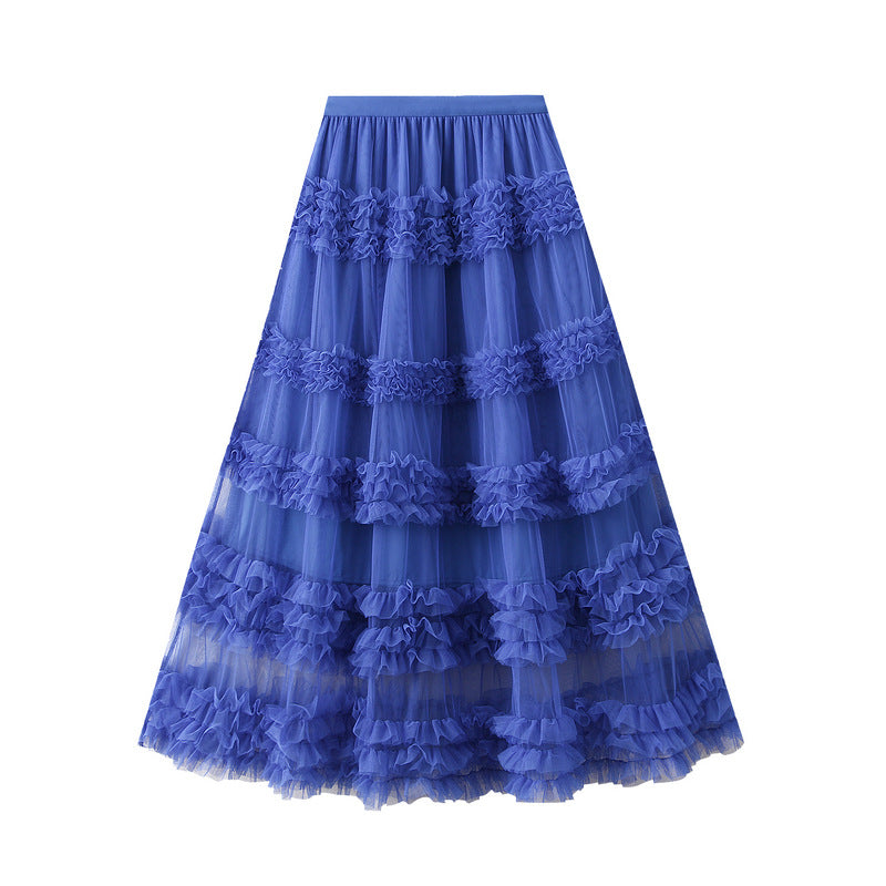 Ruffled Tulle Maxi Skirt in Blue