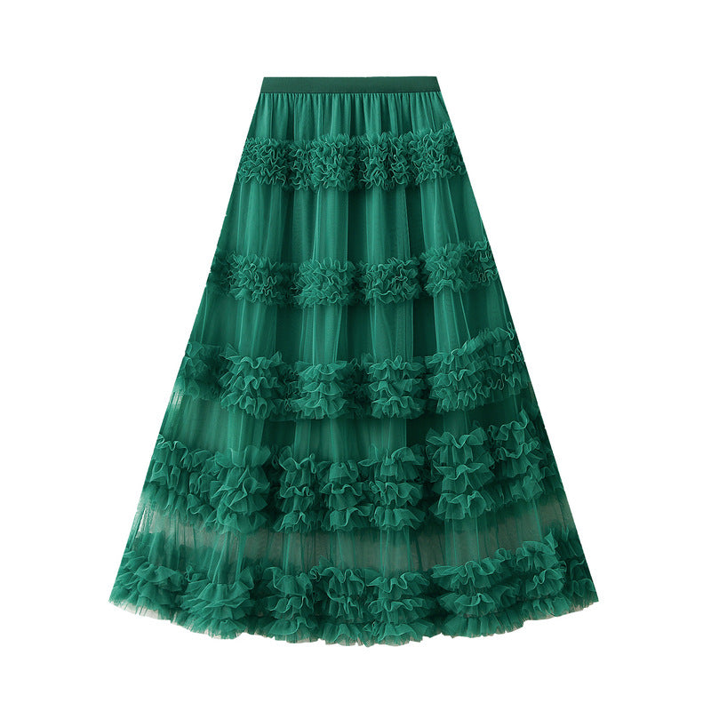 Ruffled Tulle Maxi Skirt in Grass Green