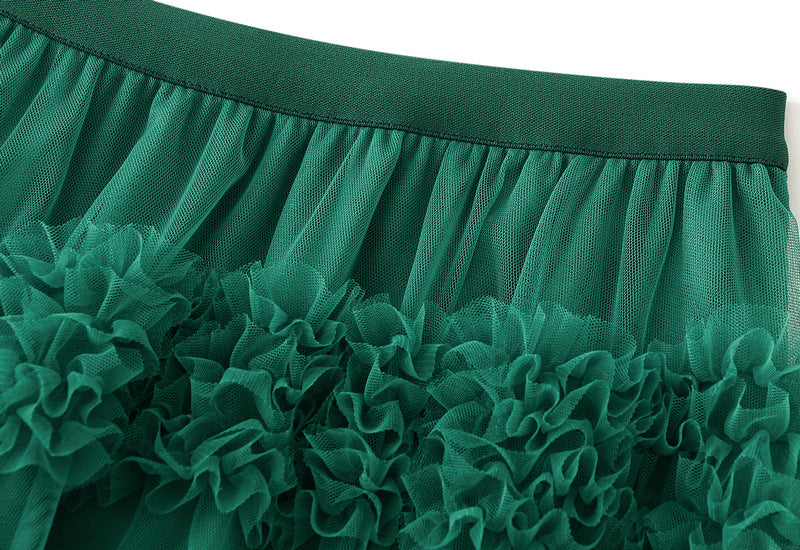 Ruffled Tulle Maxi Skirt in Grass Green