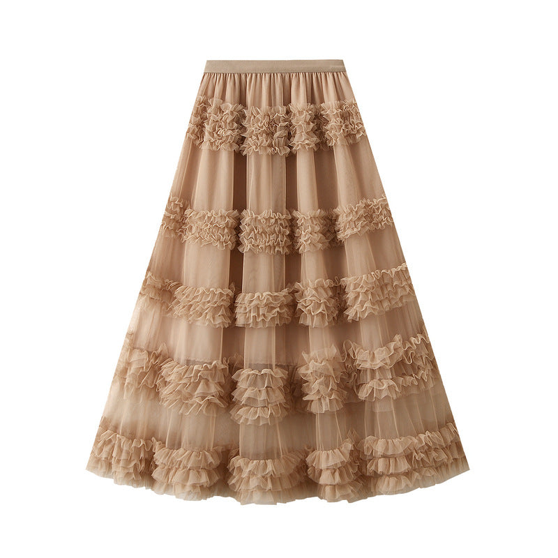 Ruffled Tulle Maxi Skirt in Khaki