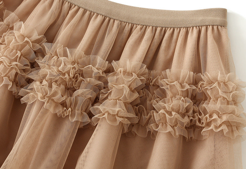 Ruffled Tulle Maxi Skirt in Khaki