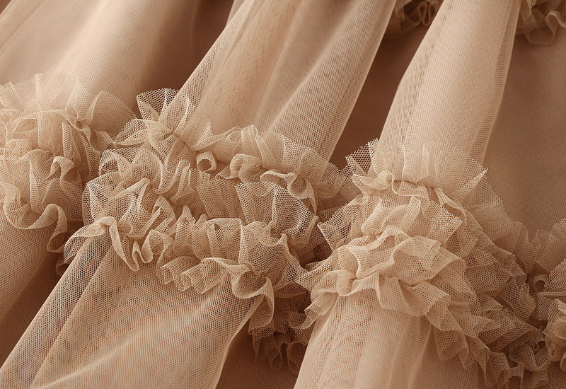 Ruffled Tulle Maxi Skirt in Khaki