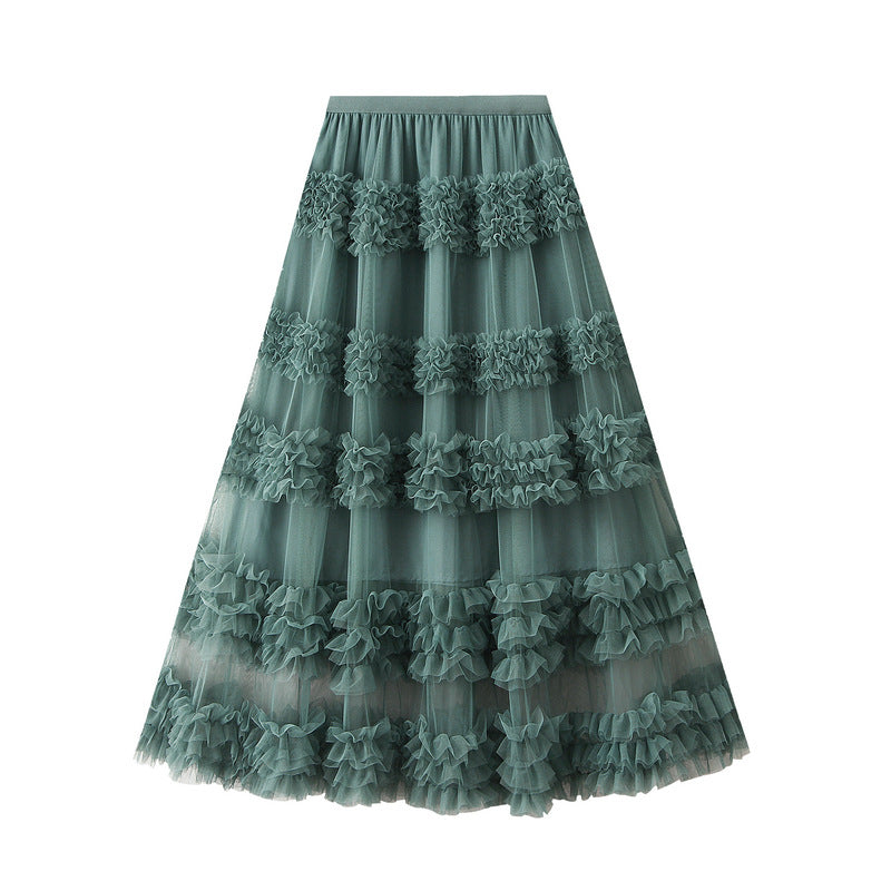 Ruffled Tulle Maxi Skirt in Mint Green