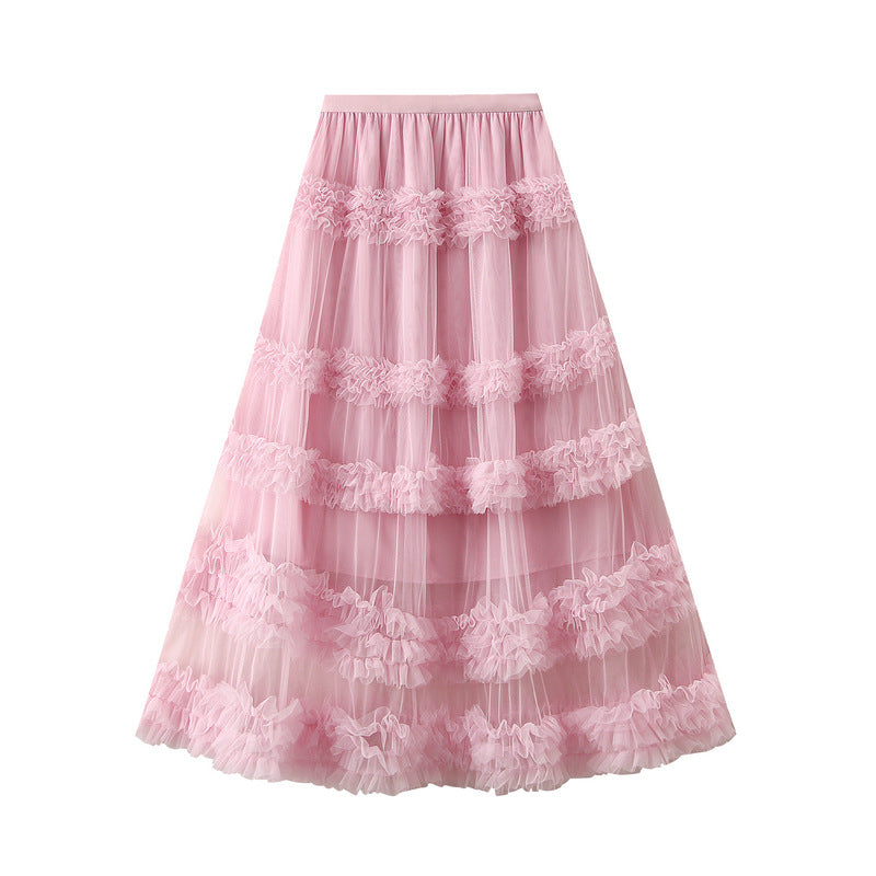 Ruffled Tulle Maxi Skirt in Powder Pink