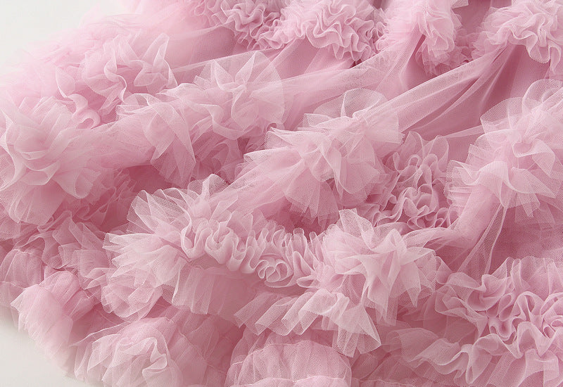 Ruffled Tulle Maxi Skirt in Powder Pink