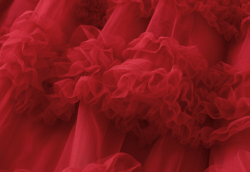 Ruffled Tulle Maxi Skirt in White in Red