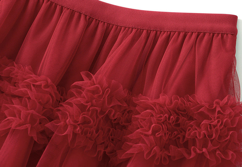 Ruffled Tulle Maxi Skirt in White in Red