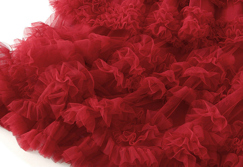 Ruffled Tulle Maxi Skirt in White in Red