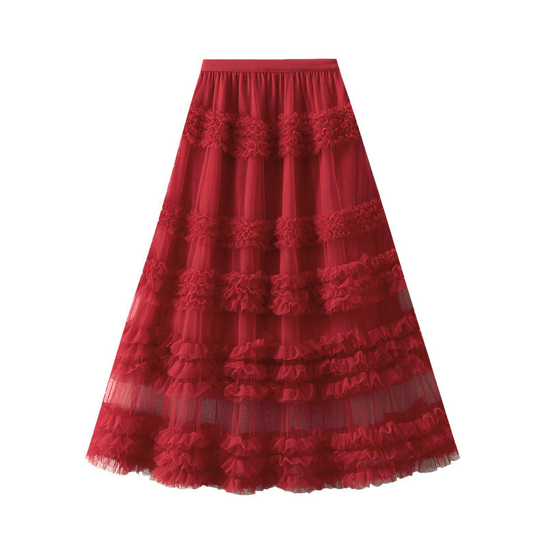 Ruffled Tulle Maxi Skirt in White in Red