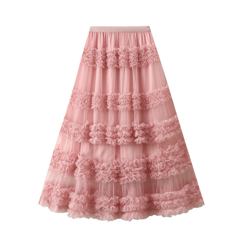 Ruffled Tulle Maxi Skirt in White in Watermelon Red
