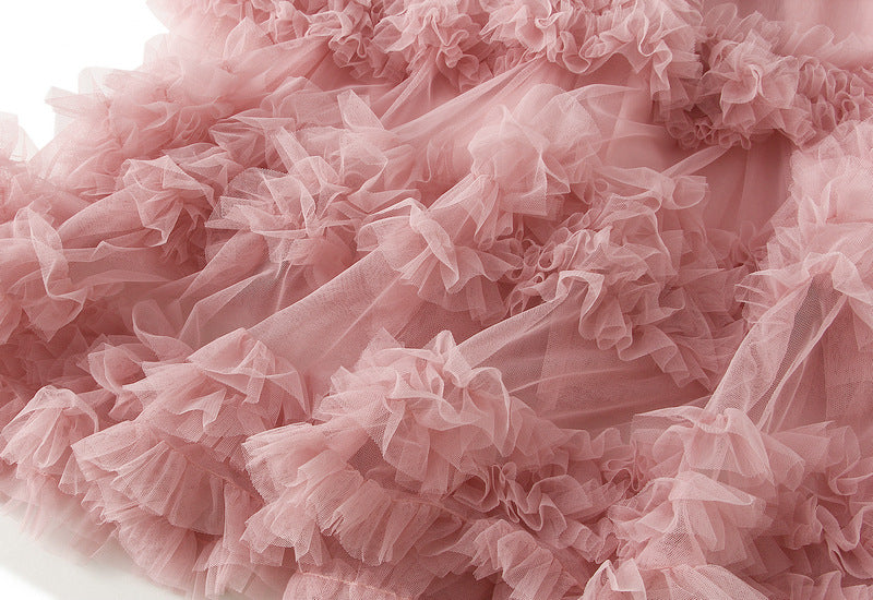 Ruffled Tulle Maxi Skirt in White in Watermelon Red