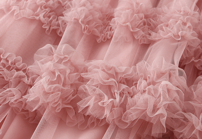 Ruffled Tulle Maxi Skirt in White in Watermelon Red