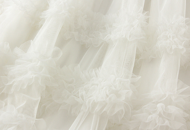 Ruffled Tulle Maxi Skirt in White