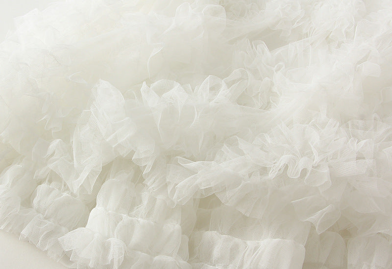 Ruffled Tulle Maxi Skirt in White