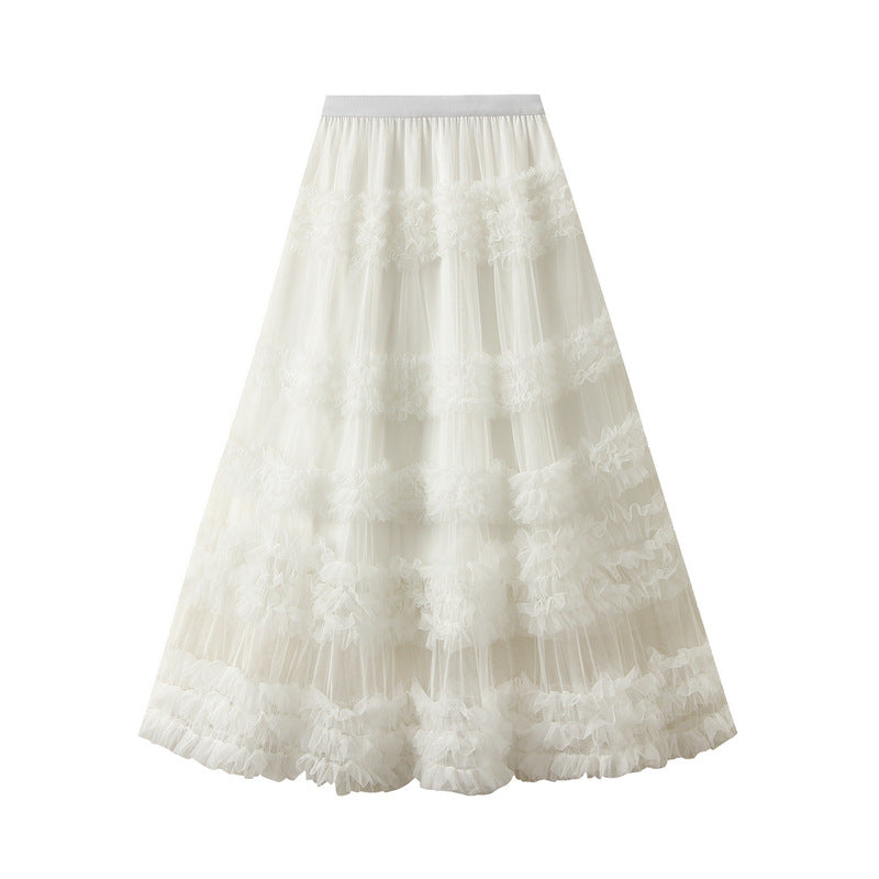 Ruffled Tulle Maxi Skirt in White