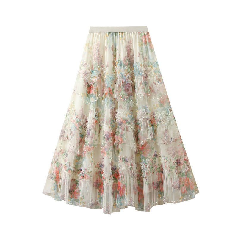 Floral Tulle Maxi Skirt with Ruffled Layers in White