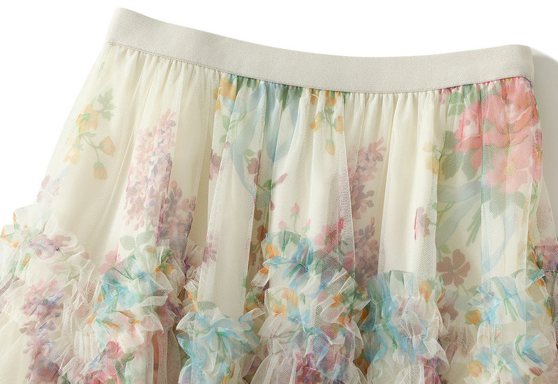 Floral Tulle Maxi Skirt with Ruffled Layers in White