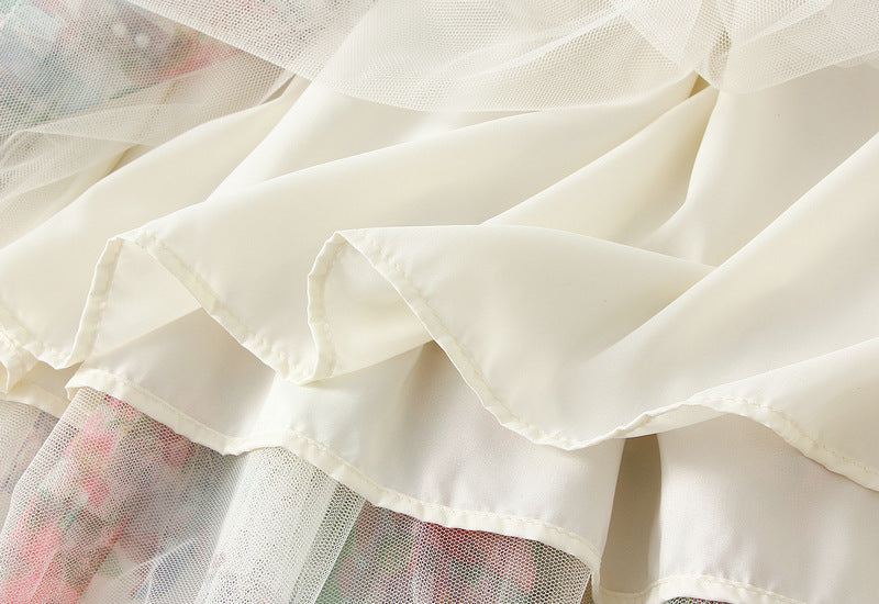 Floral Tulle Maxi Skirt with Ruffled Layers in White