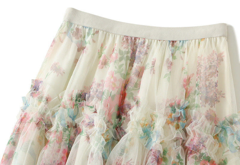 Floral Tulle Maxi Skirt with Ruffled Layers in White