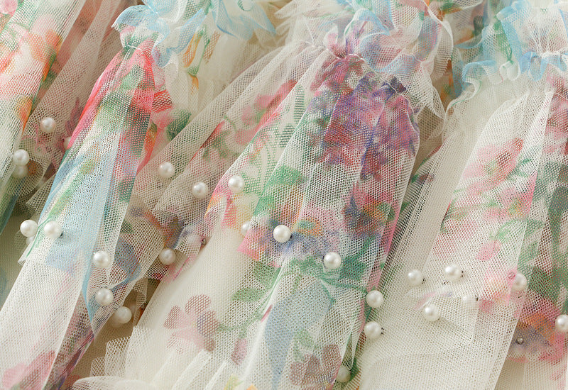 Floral Tulle Maxi Skirt with Ruffled Layers in White