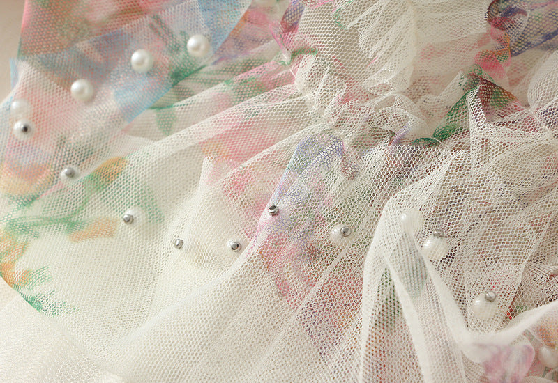 Floral Tulle Maxi Skirt with Ruffled Layers in White