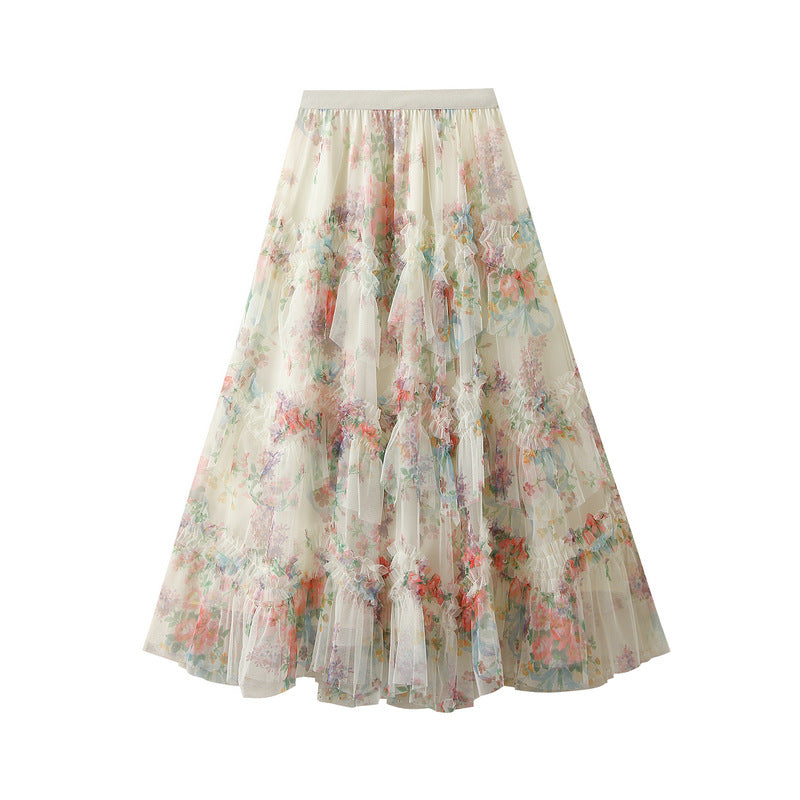 Floral Tulle Maxi Skirt with Ruffled Layers in White