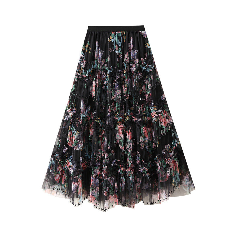 Floral Tulle Maxi Skirt with Ruffled Layers in Black